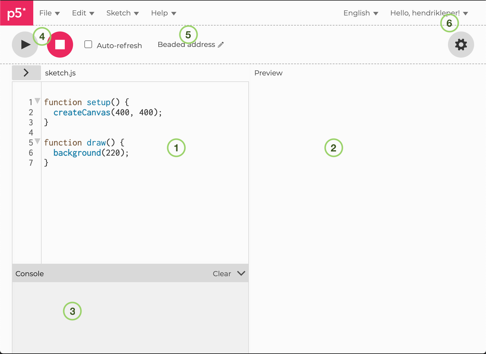 Screenshot of p5.js web editor with circled numbers