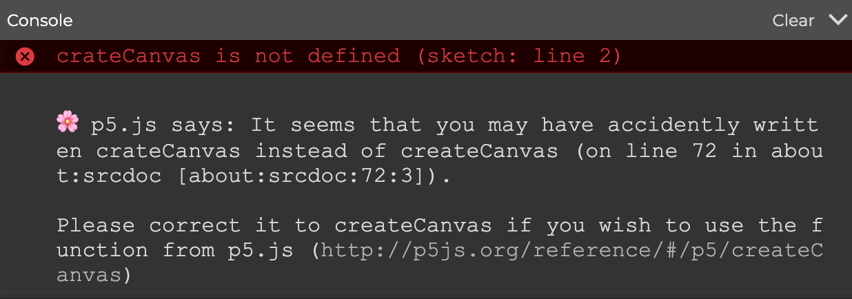 Screenshot of web editor showing an error message, "Reference Error:
crateCanvas is not defined"